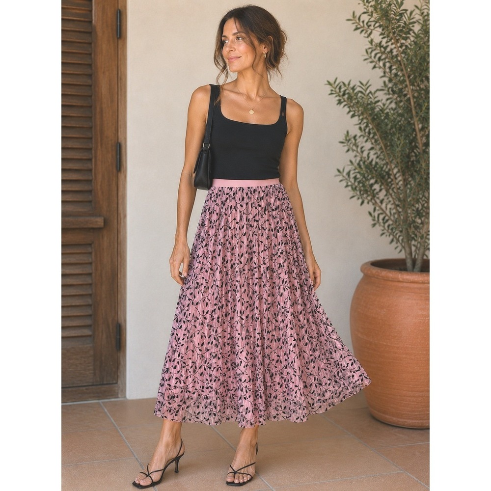 Pink Mesh Pleated Maxi Skirt Black Leaf Embroidery Whimsy Fairy Coquette Small